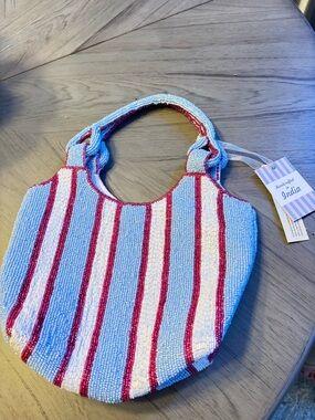 Beaded Striped Handbag with Knot Handles